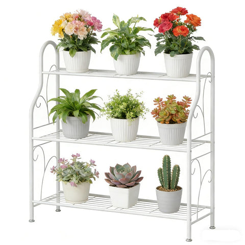 SORCEDAS 3-tier plant stand creates a compact corner display for lush indoor greenery.
