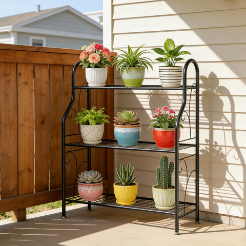 SORCEDAS plant stand on outdoor patio, showcasing sturdy metal construction.