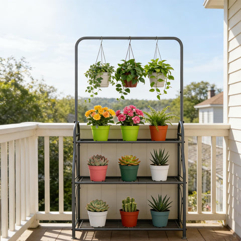 SORCEDAS three-tier plant stand shown as a versatile, compact corner setup.