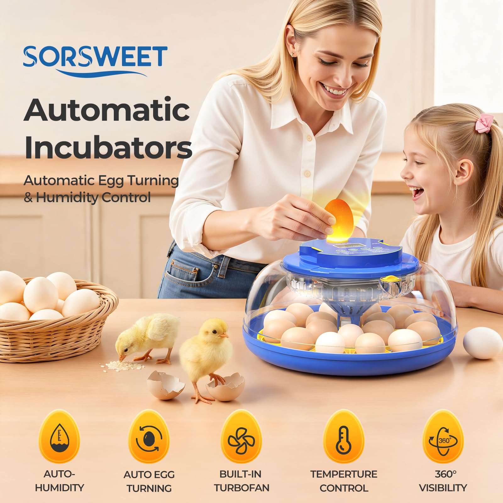 SORSWEET incubator showing automatic egg turning for even development.