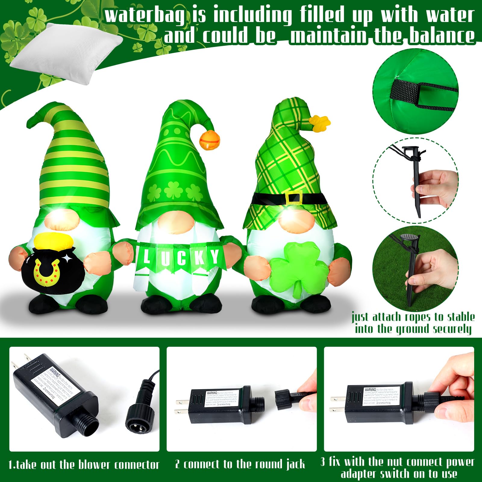 Sosation inflatable gnome with shamrocks ideal for Irish-themed garden centerpiece