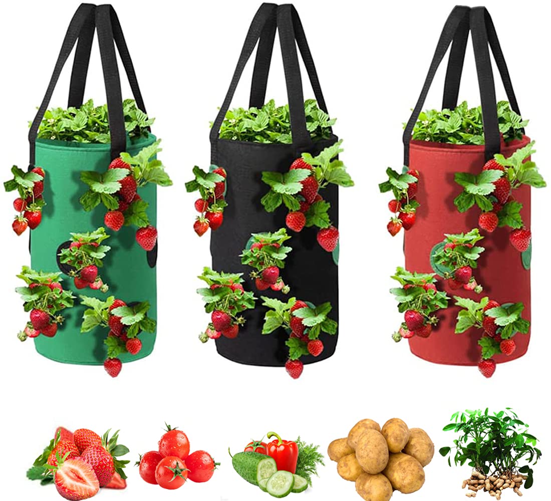 SouilGoal upside-down tomato planter set of 3 in red, green, black for vertical gardening.