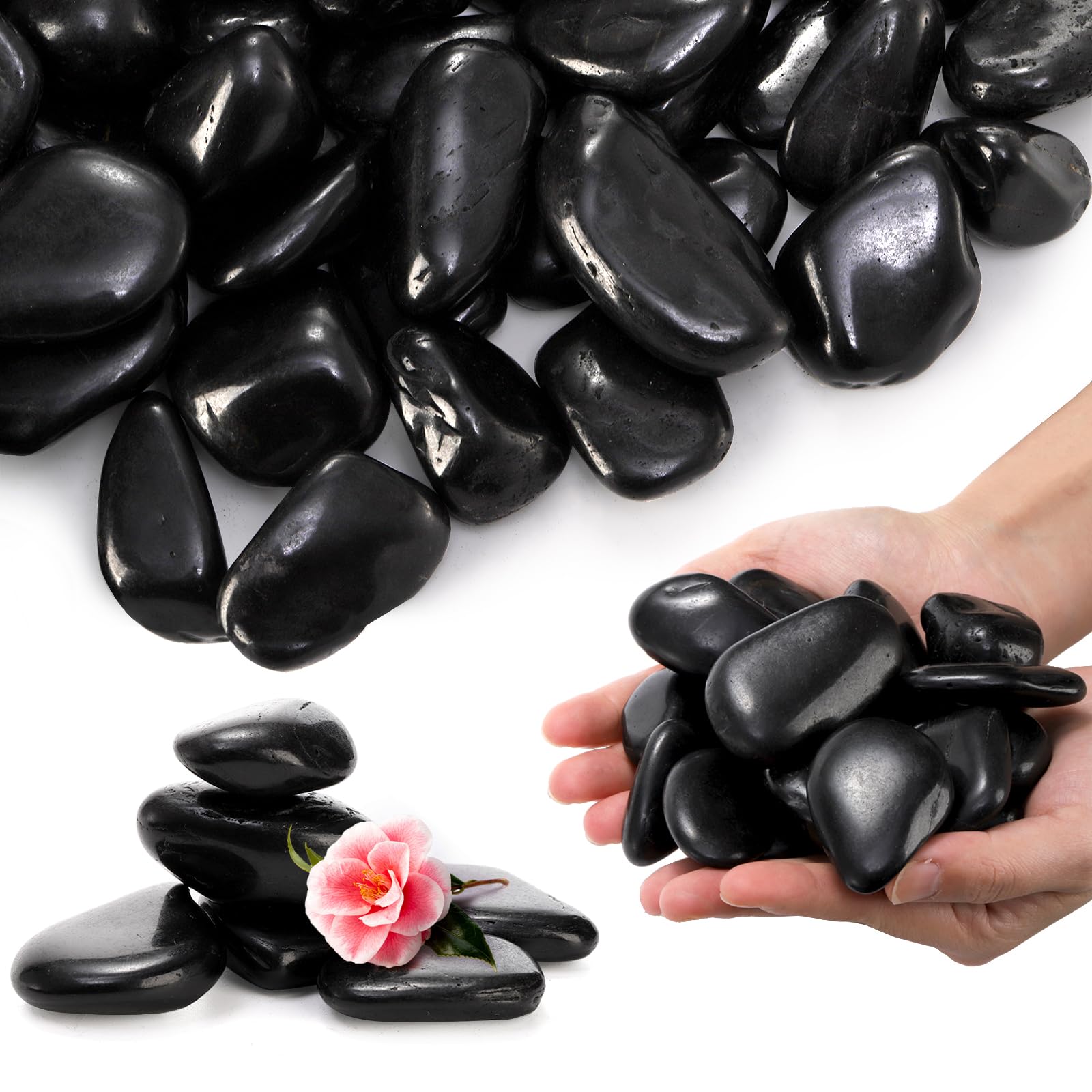 SOUJOY black river rock 15lb bag in planter setup enhances drainage and visual appeal.