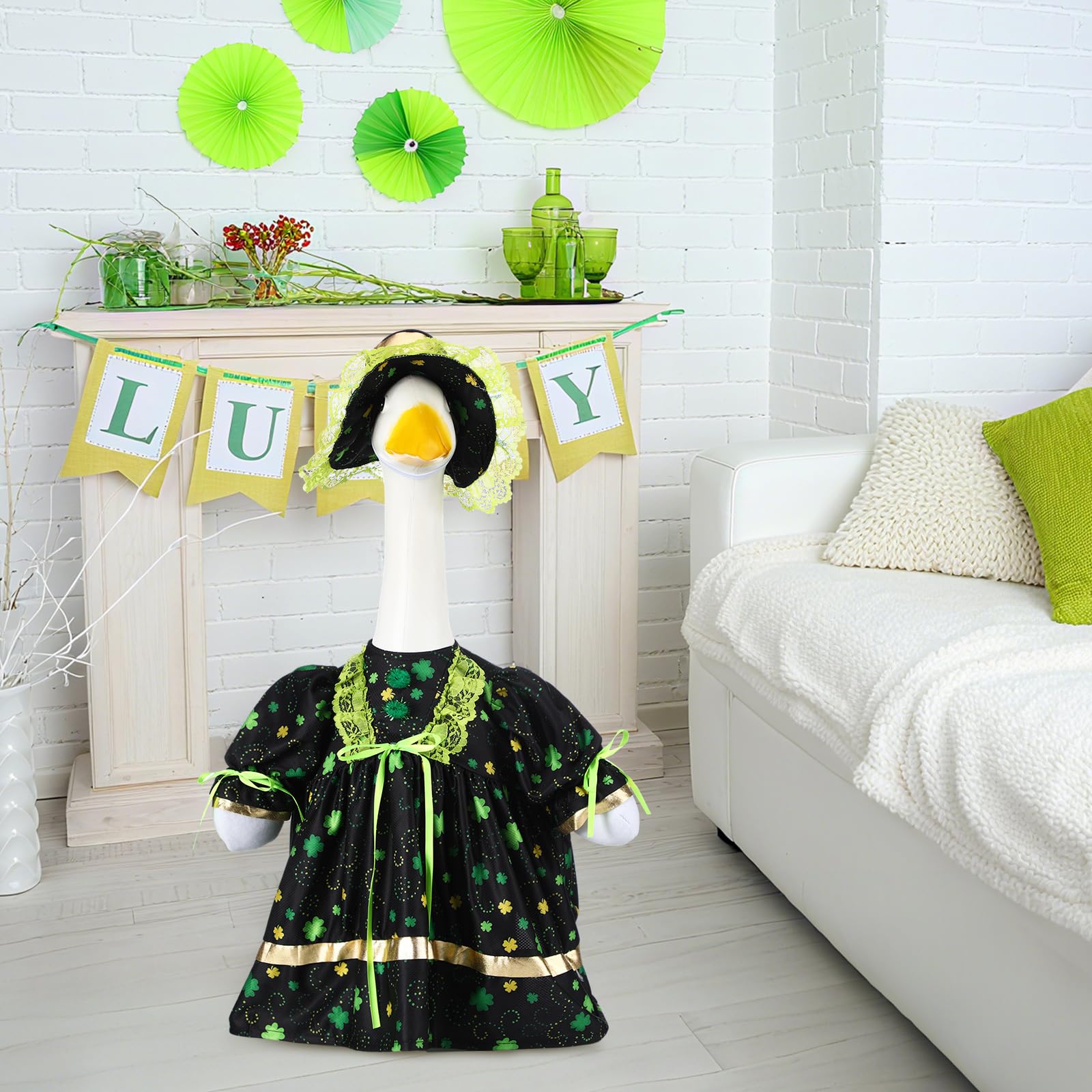 Soulchen clover hat for goose costume, completes St. Patrick's decor.