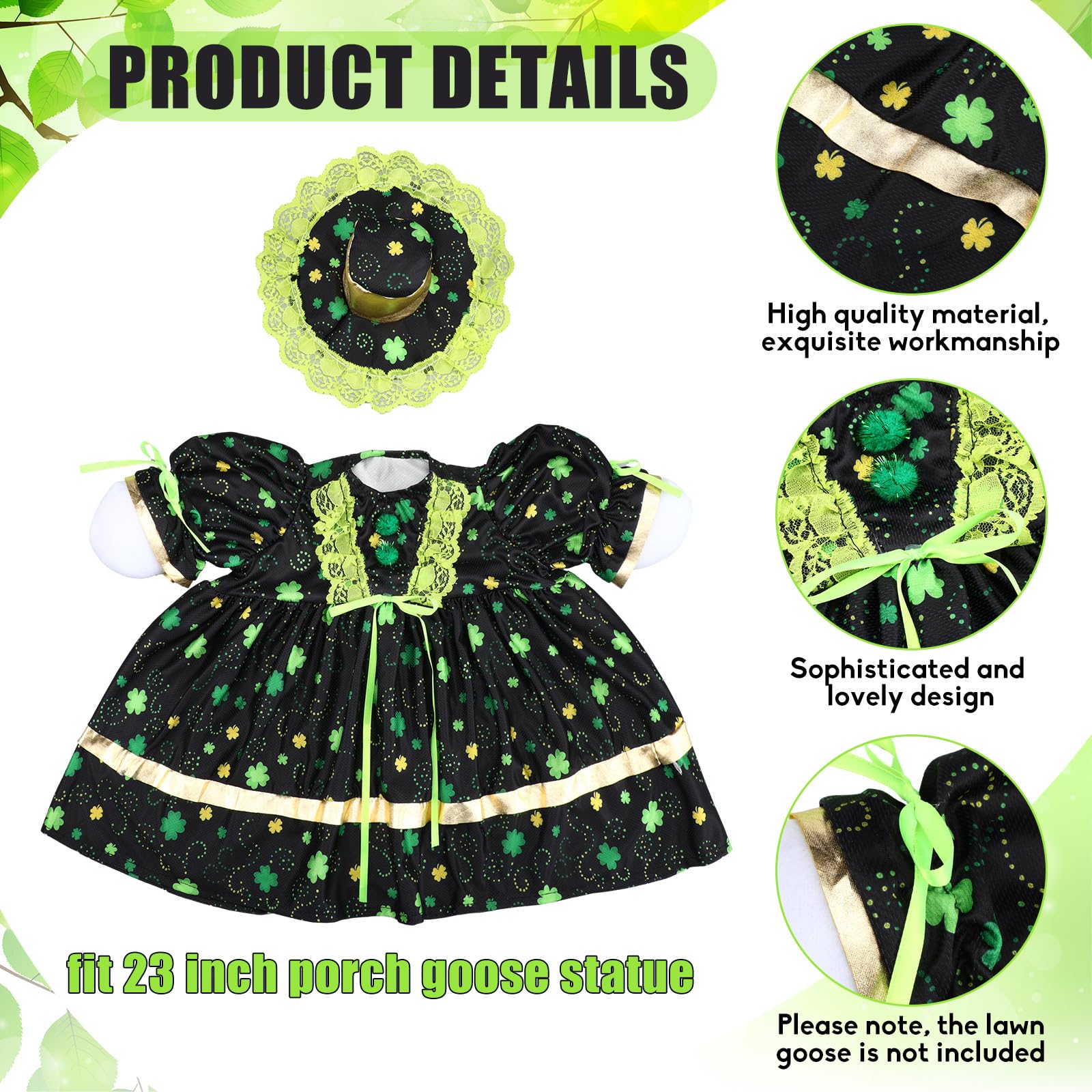 Soulchen goose dress with green clover details enhances outdoor lawn display.