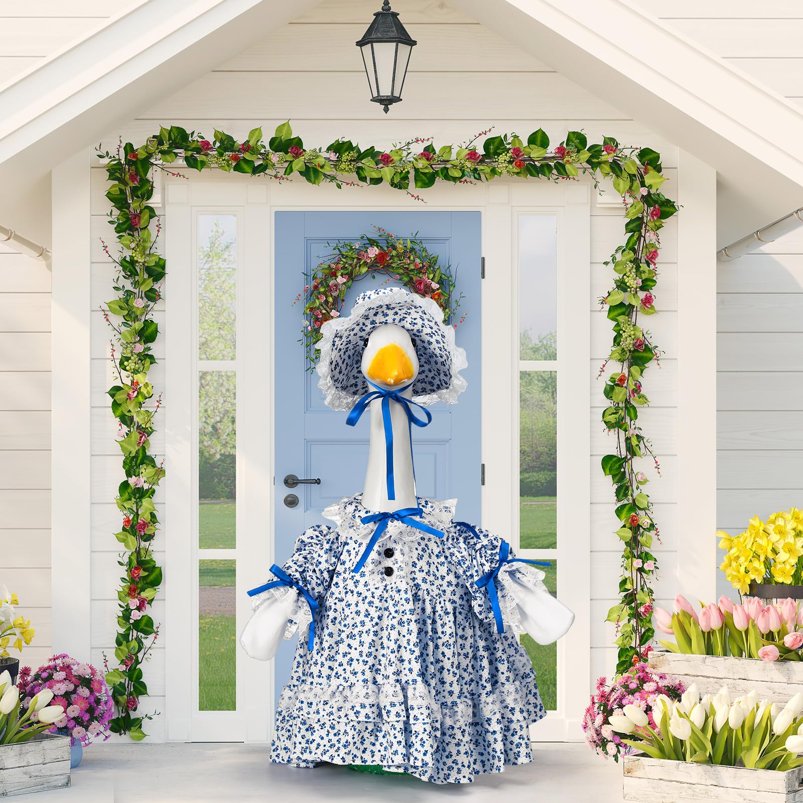 Soulchen wide-brim hat adds playful charm to outdoor goose.