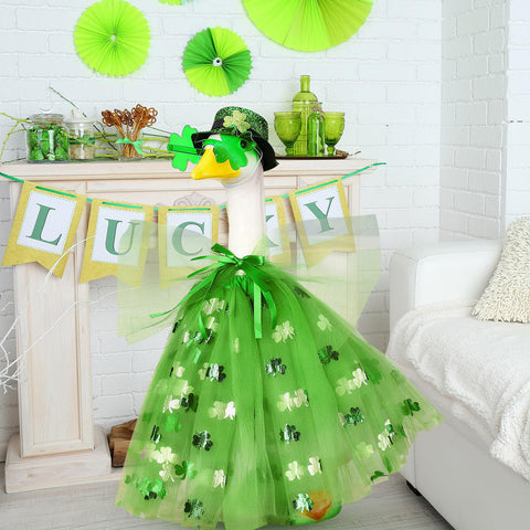Soulchen green hat completes the irish-styled goose costume for porch decor