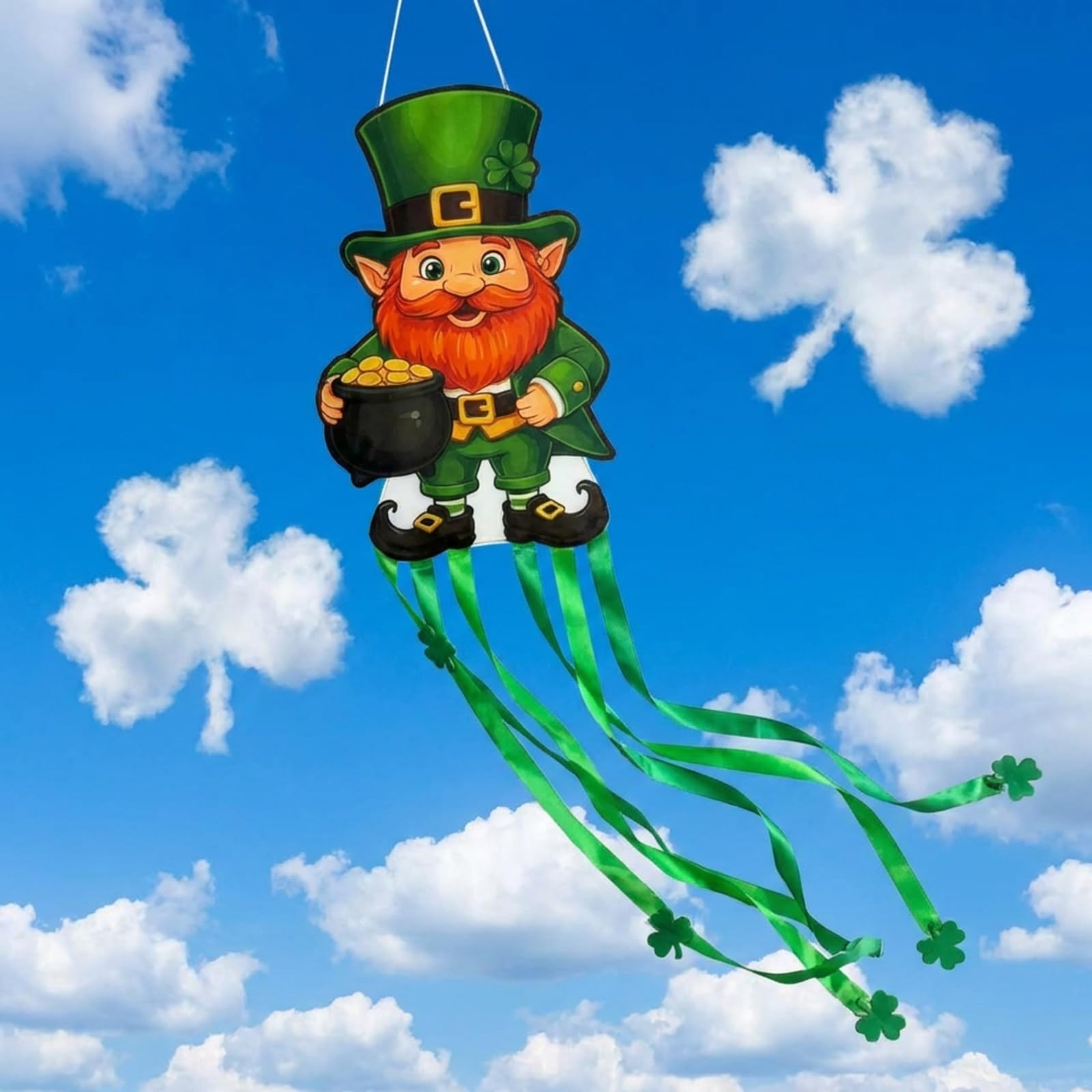 Soulchen Leprechaun Windsock outdoors with vibrant multicolor design and wind indicator.