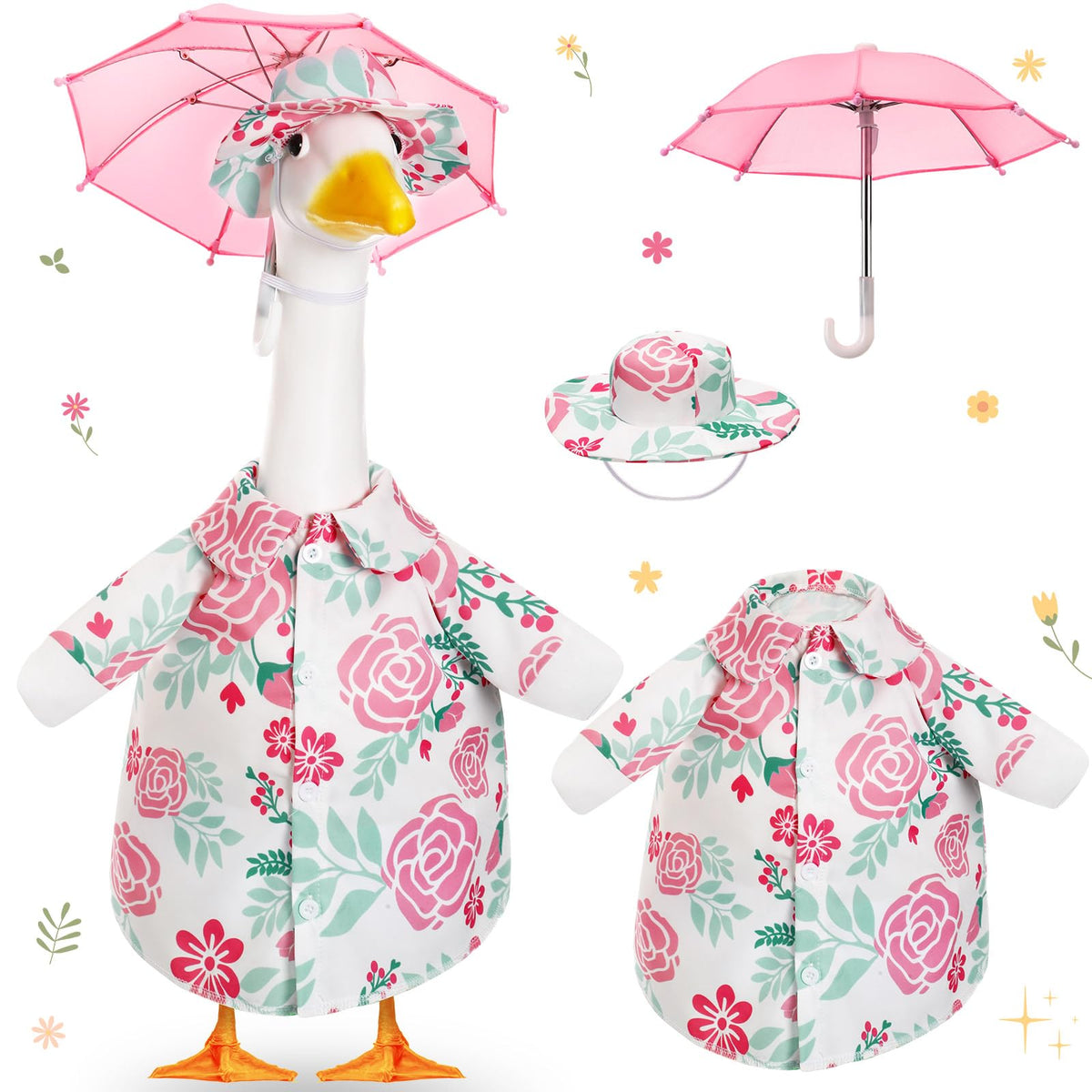 Soulchen porch goose outfit with umbrella enhances spring lawn decor.