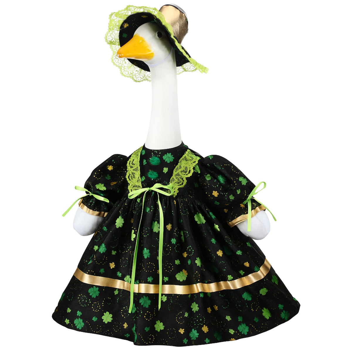Soulchen St Patrick's Clover Goose outfit on a 23-inch statue, adding festive curb appeal.
