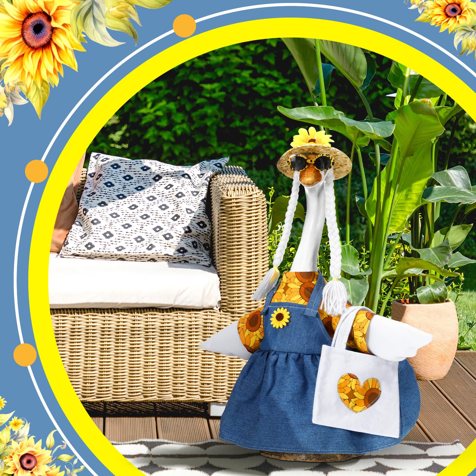 Soulchen sunflower goose dress detail highlights vibrant sunflower pattern.