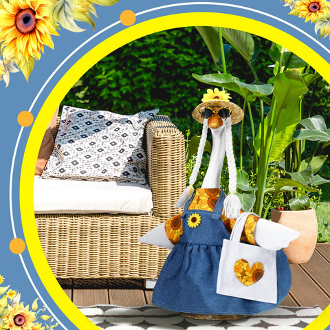 Soulchen sunflower goose dress detail highlights vibrant sunflower pattern.