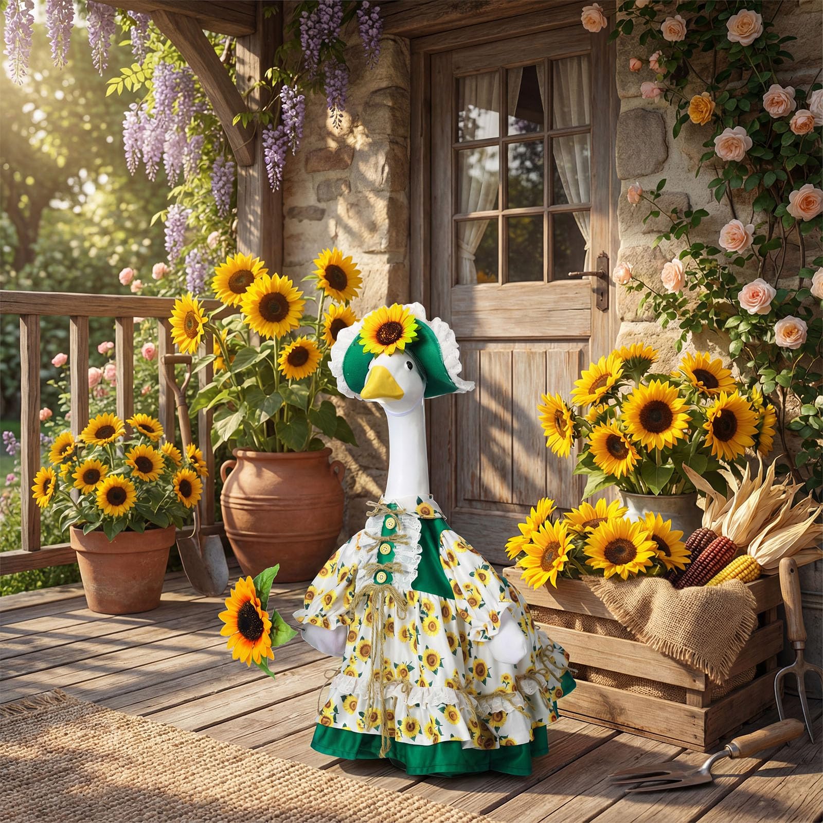 Soulchen sunflower goose hat with lace detail enhances sunny yard decor.