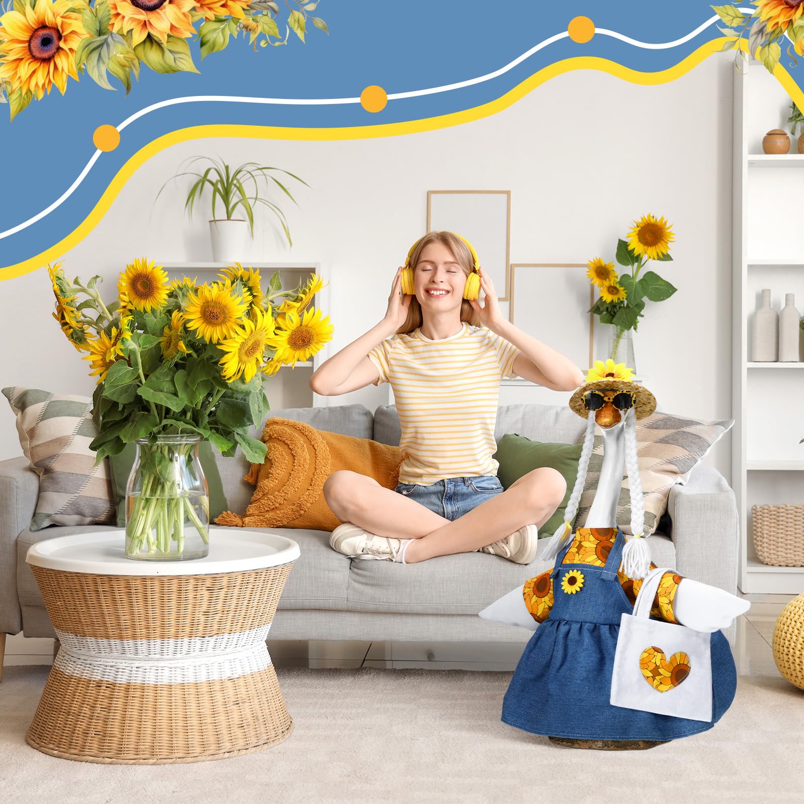 Soulchen sunflower goose hat adds sunny charm to outdoor display.