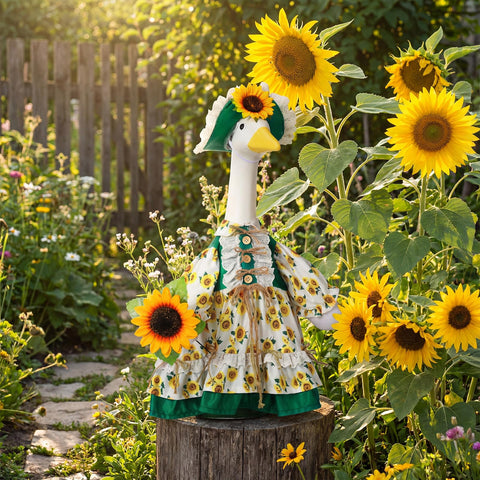 Soulchen porch goose statue wearing outfit creates bright summer vibes.