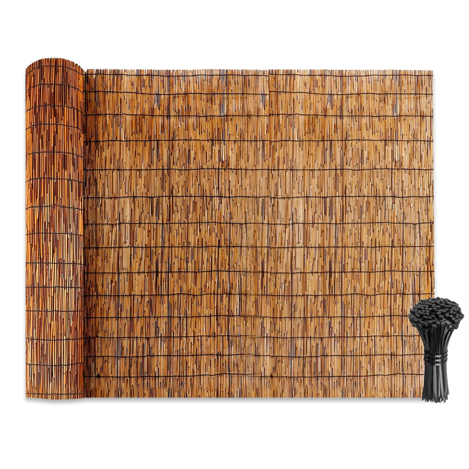 Soulitem natural reed fencing roll in coffee finish on balcony for privacy and shading.