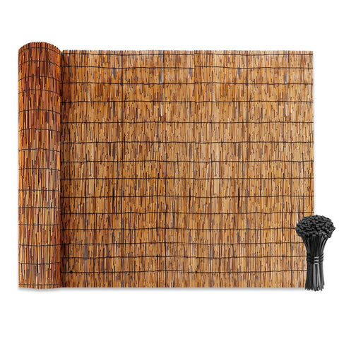 Soulitem natural reed fencing roll in coffee finish on balcony for privacy and shading.