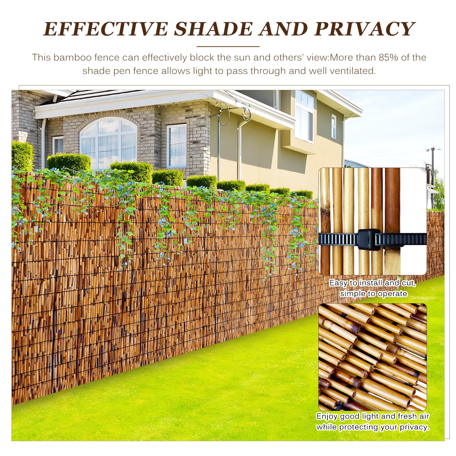 Soulitem privacy bamboo fence on patio creates intimate space with light filtering.