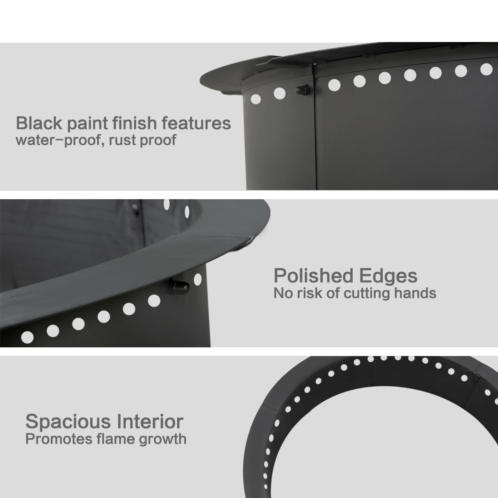 Soulmate fire pit ring durable steel withstands high heat for long outdoor sessions.