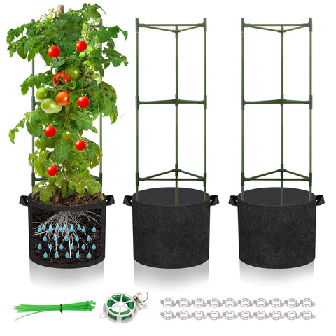 SoundValue tomato cage 3-pack with breathable grow bags supports sturdy tomato vines outdoors.