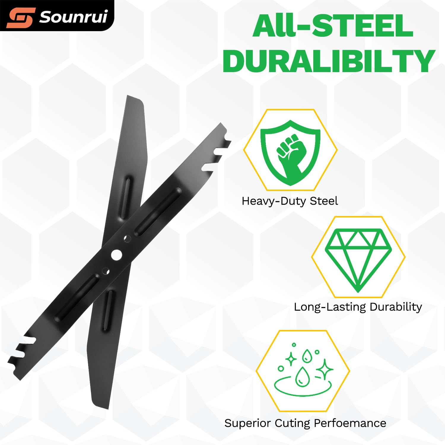 Full-coverage 21-inch design on Sounrui blades for edge-to-edge mowing