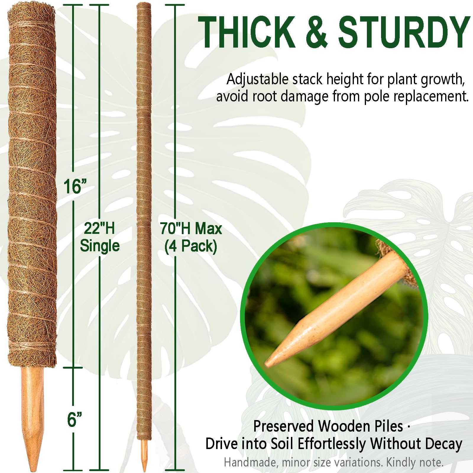 Soupiar moss pole with wooden stake inside offers stable assembly.