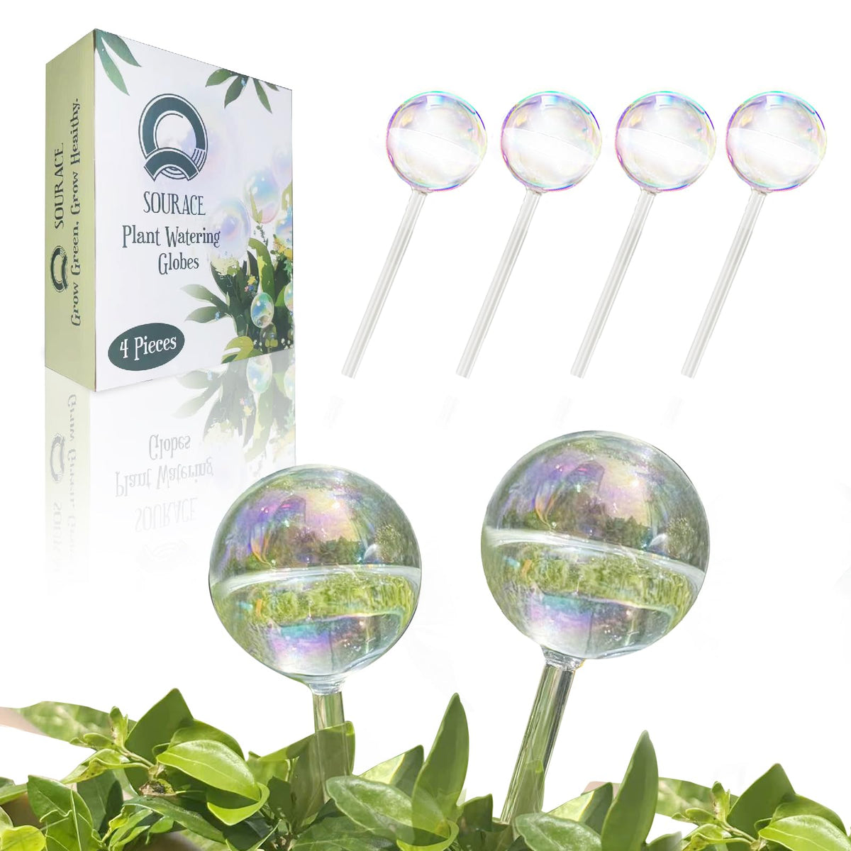 SOURACE iridescent watering globes in rainbow glass provide long-lasting plant hydration.