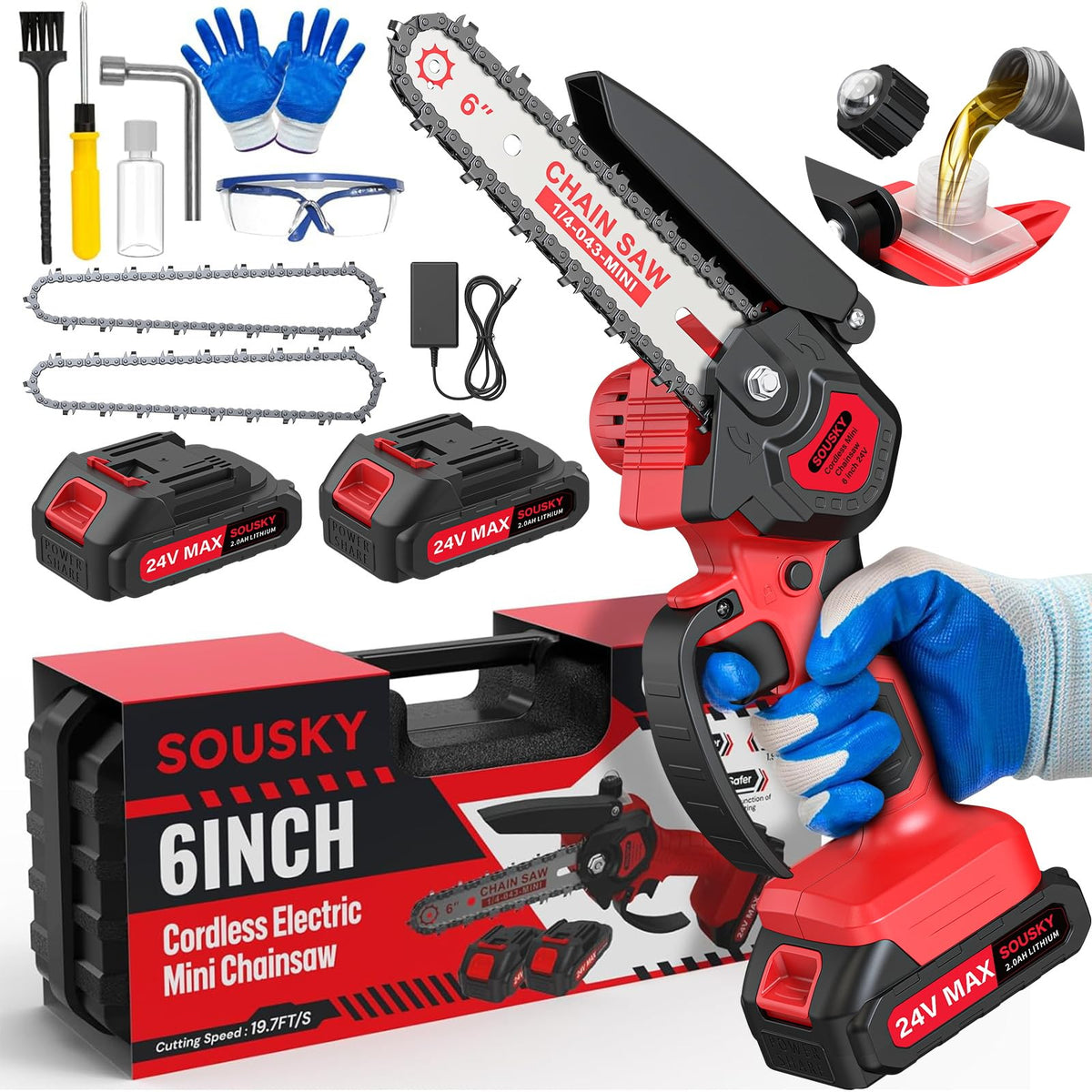 SOUSKY 6-inch mini chainsaw front view highlights compact handling for precise pruning.