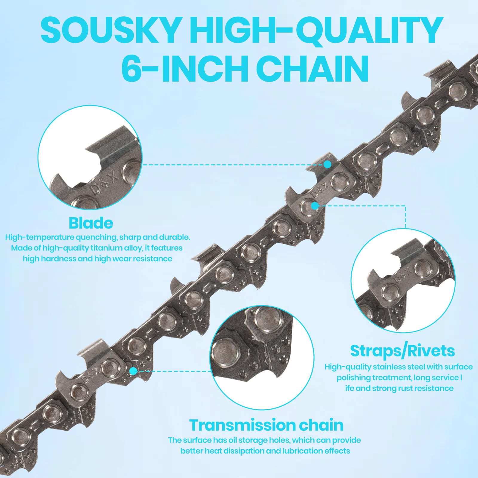 SOUSKY carbon stainless steel chain with hardened rivets for long-lasting outdoor use