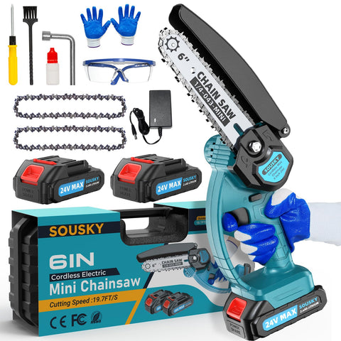 SOUSKY mini chainsaw 6-inch power-on view for quick cuts in the yard
