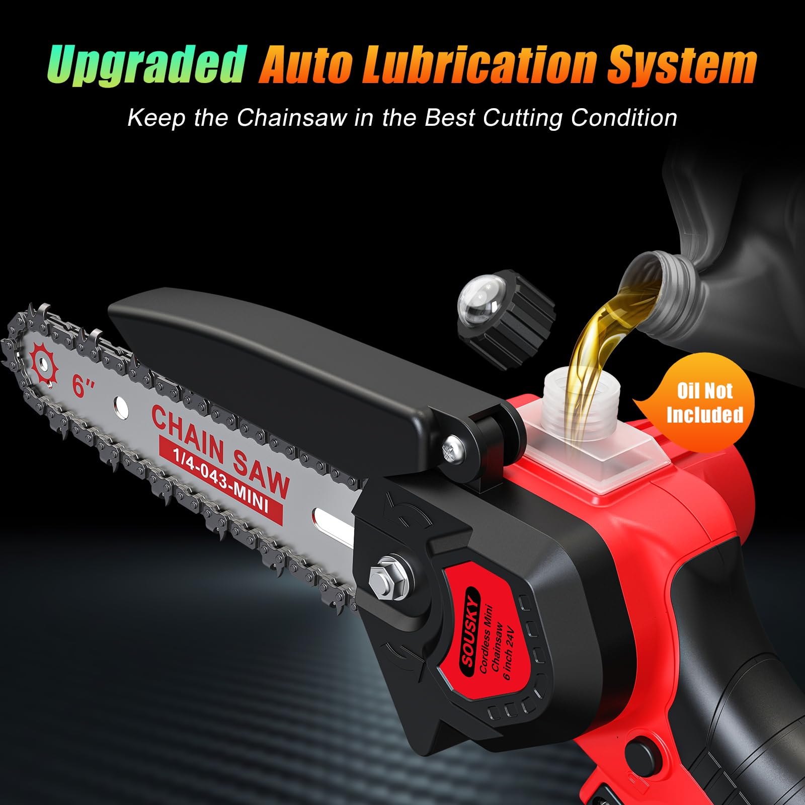 SOUSKY 6-inch chainsaw suits pruning, camping, and quick wood tasks.