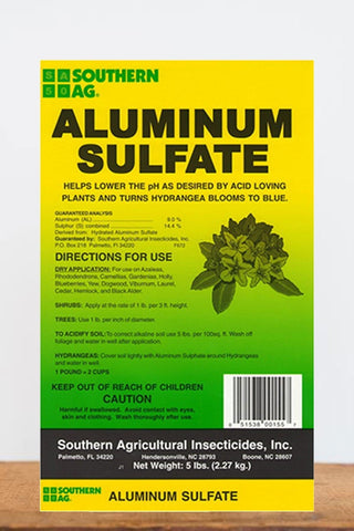 Southern Ag Aluminum Sulfate 5 lb bottle for acidifying soil to help hydrangeas and other shrubs.