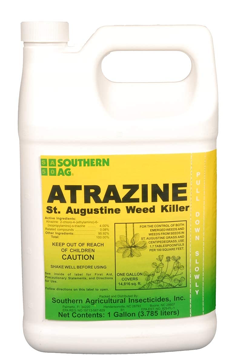 Southern Ag Atrazine St. Augustine weed killer bottle ready to treat lawns for broadleaf weeds.
