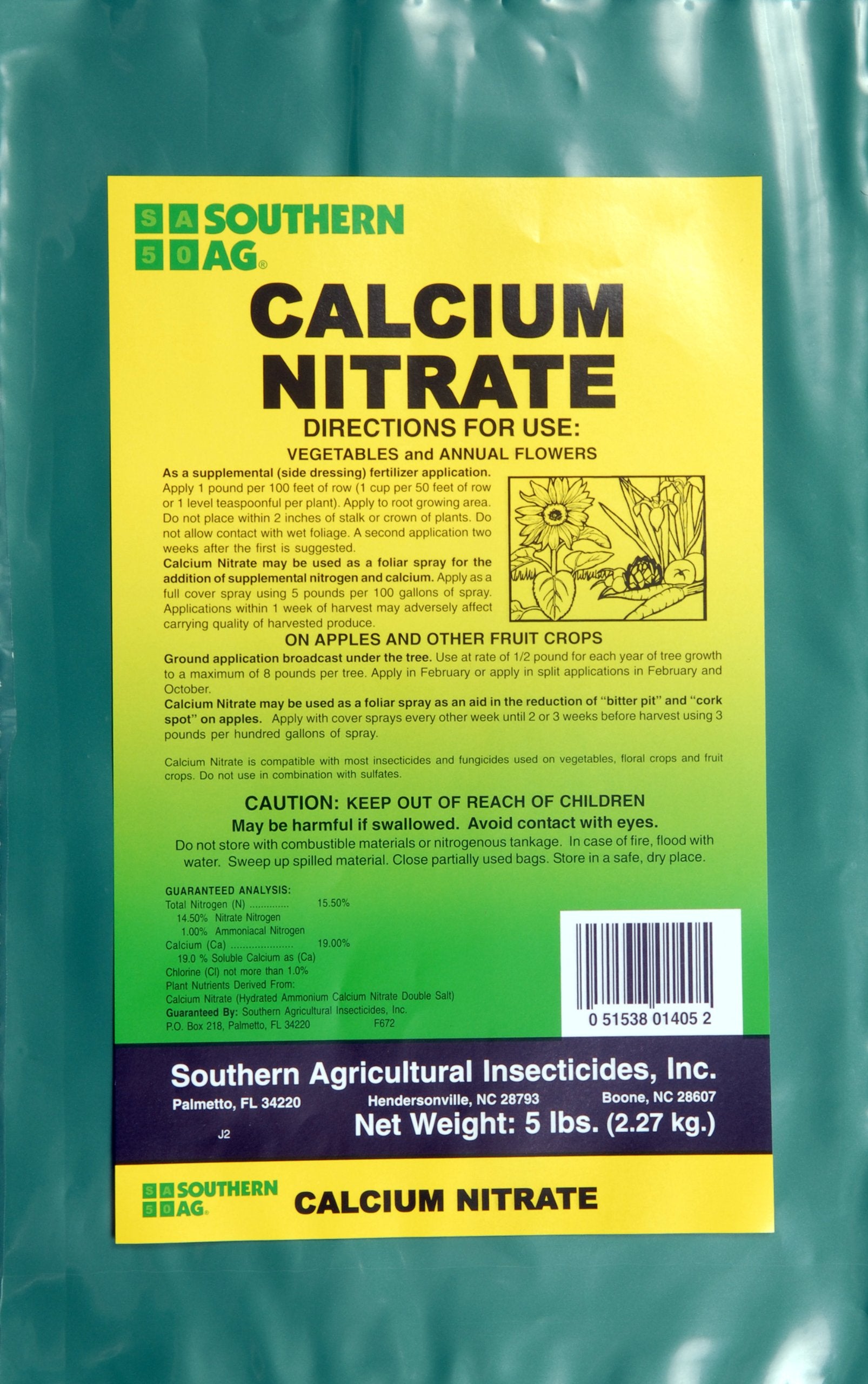 Southern Ag Calcium Nitrate 5-pound bag shows soluble nutrients for healthier vegetables.