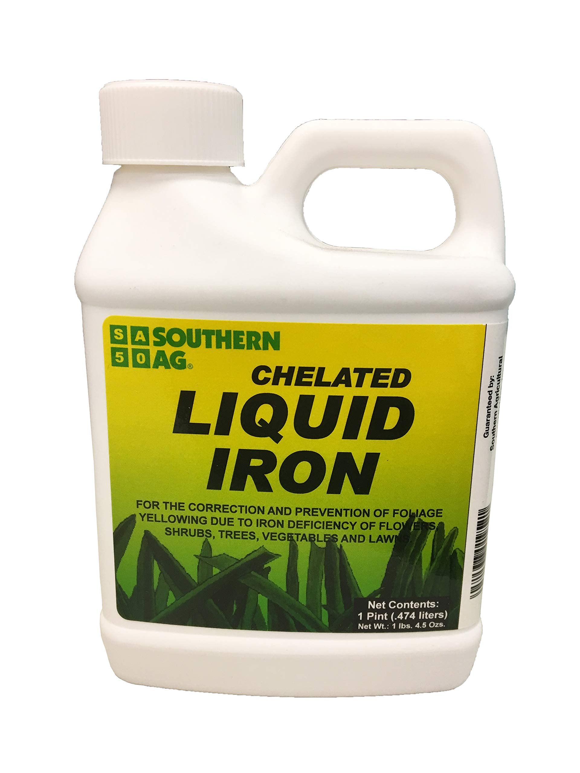 Southern Ag Chelated Liquid Iron bottle pour boosts plant color and vigor.