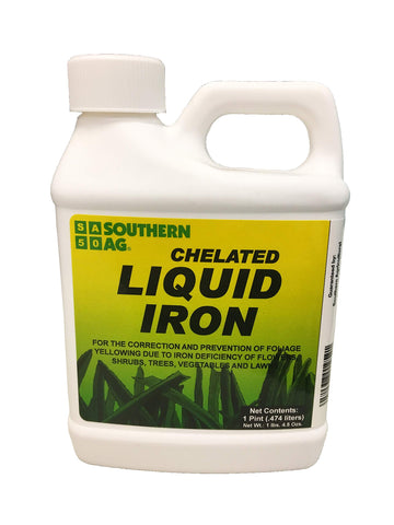 Southern Ag Chelated Liquid Iron bottle pour boosts plant color and vigor.