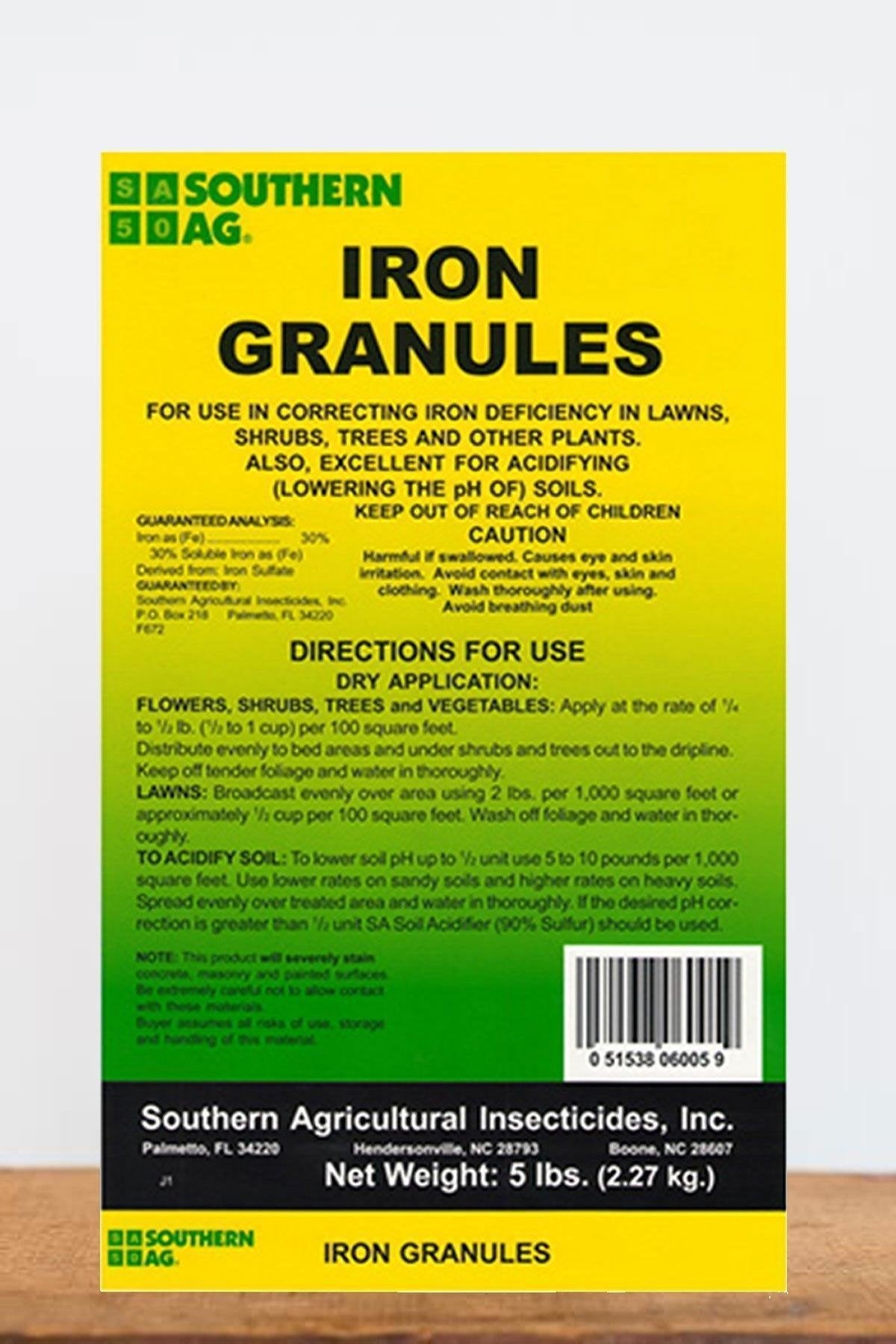Southern Ag Iron Granules bag supports iron uptake for acid-loving plants and soil pH adjustment.