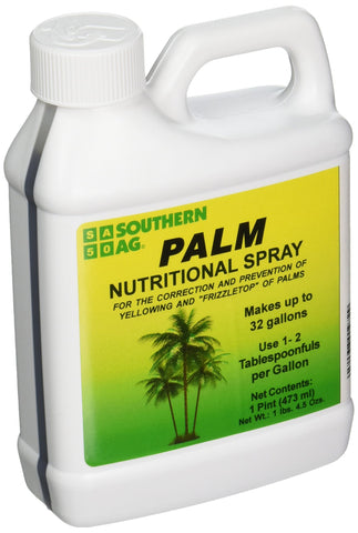 Southern AG Palm Nutritional Spray bottle 1pt promotes healthy palm growth.