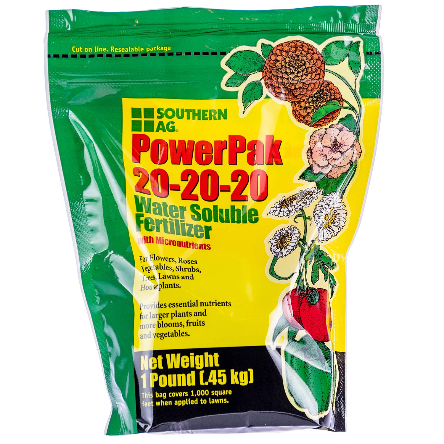 Southern Ag PowerPak 20-20-20 pack-shot showing fast-soluble fertilizer for flowers, vegetables, and lawns