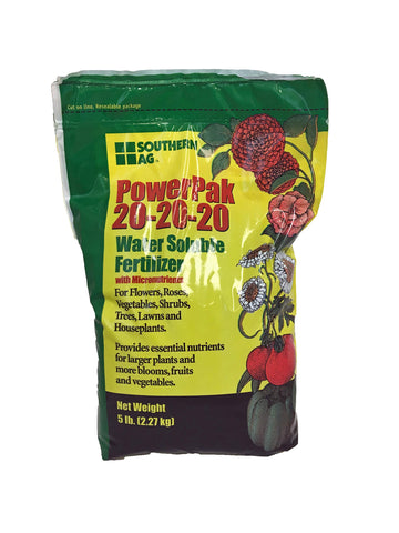Southern Ag PowerPak 20-20-20 fertilizer bag ready to boost garden growth