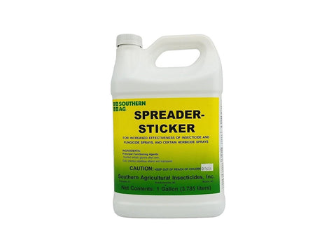 Southern Ag Spreader Sticker gallon bottle enhances spray coverage on waxy leaves.