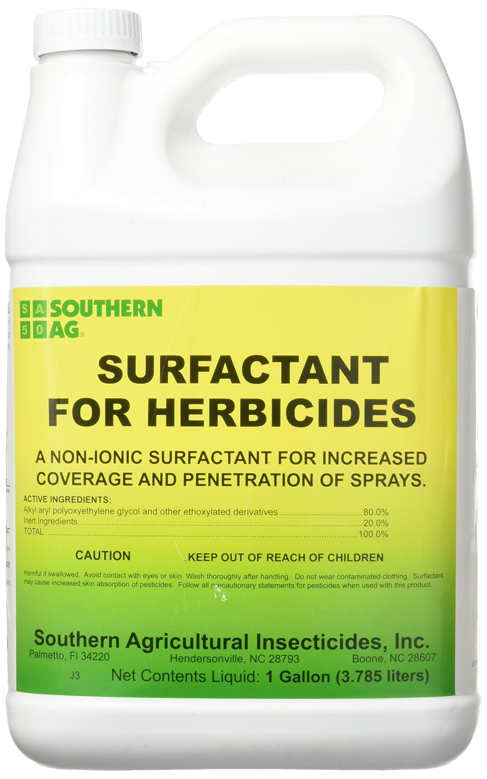 Southern Ag Surfactant bottle pour improves herbicide coverage and penetration.