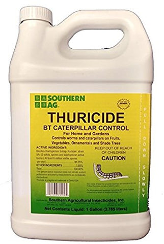 Southern Ag Thuricide BT bottle targets caterpillars on vegetables with low toxicity.