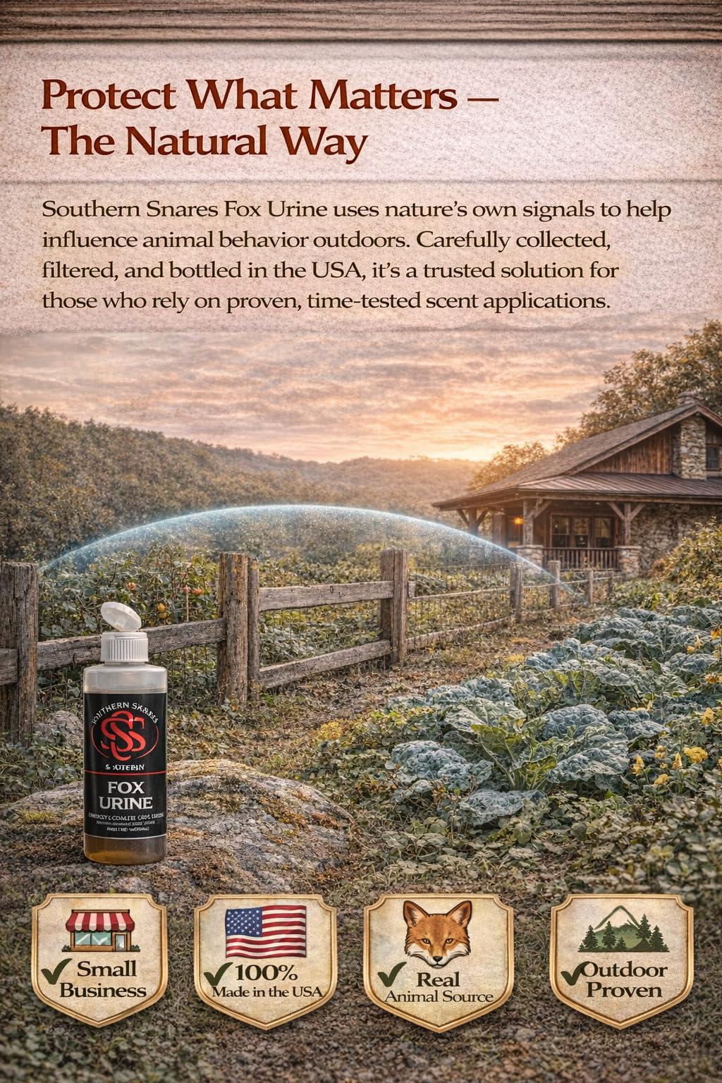 Southern Snares Fox Urine ready-to-use bottle for outdoor deterrence.
