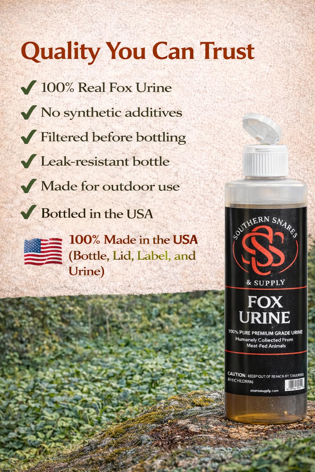 Southern Snares Red Fox Urine close-up, no fillers for deterrent use.