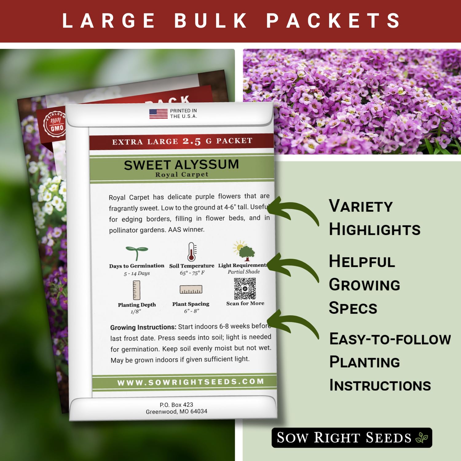 Sow Right Seeds alyssum border-fill seed pack ready for garden borders.