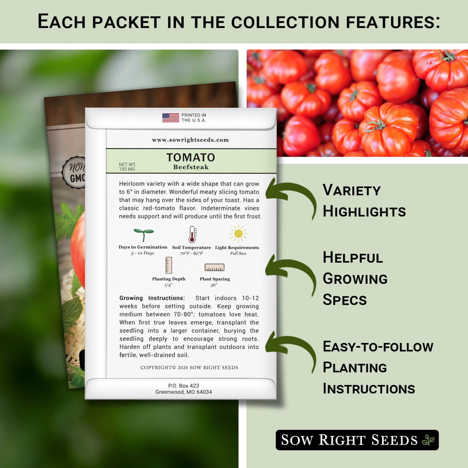 Sow Right Seeds beefsteak-style tomato seed packet front for home garden