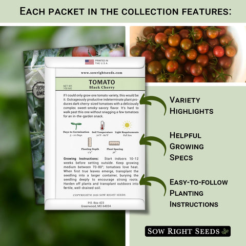 Sow Right Seeds Brandywine Black seeds showcase deep color and classic tomato aroma