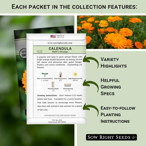 Sow Right Seeds Calendula Ball Orange seed packet with vivid blooms to attract pollinators.