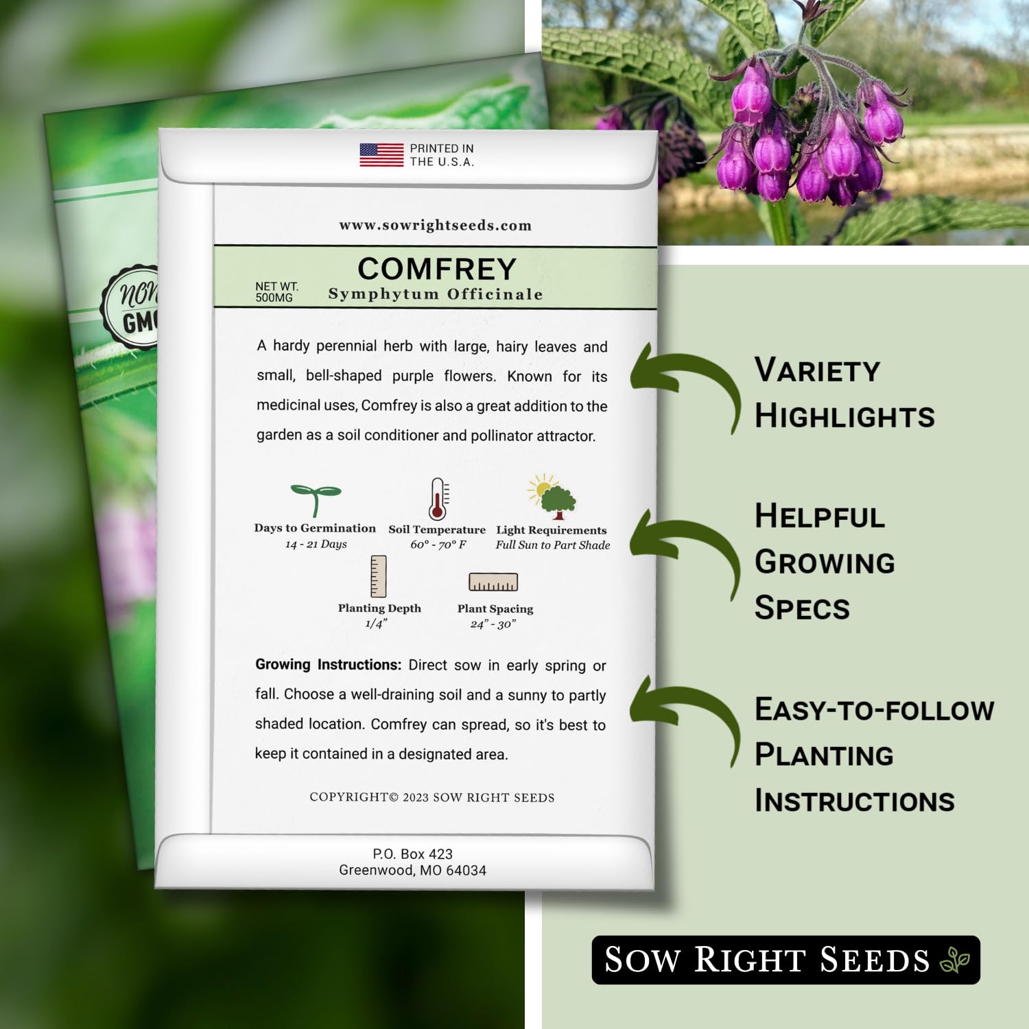 Sow Right Seeds comfrey purple bell flowers attracting pollinators in the garden.